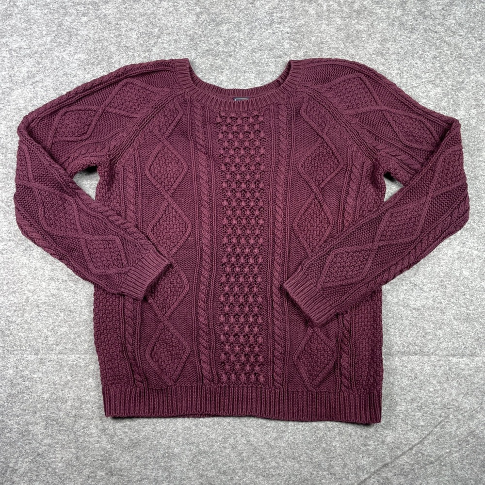 Gap Sweater Womens L Burgundy Vamp Red Aran Cable Knit Cotton Pullover